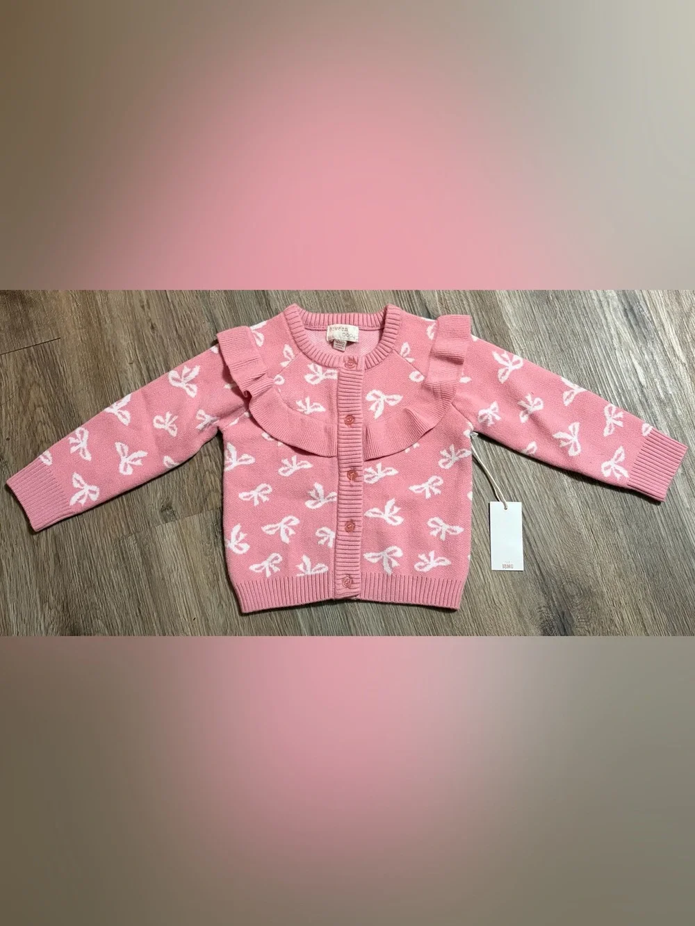 Btween Baby - Pink Bow-Print Knit Cardigan and Pants Set - Size 18 Months